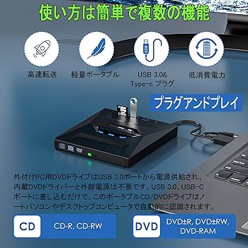 Amazon.co.jp: xunbida CD/DVDドライブ 外付け USB3.0&Type-c